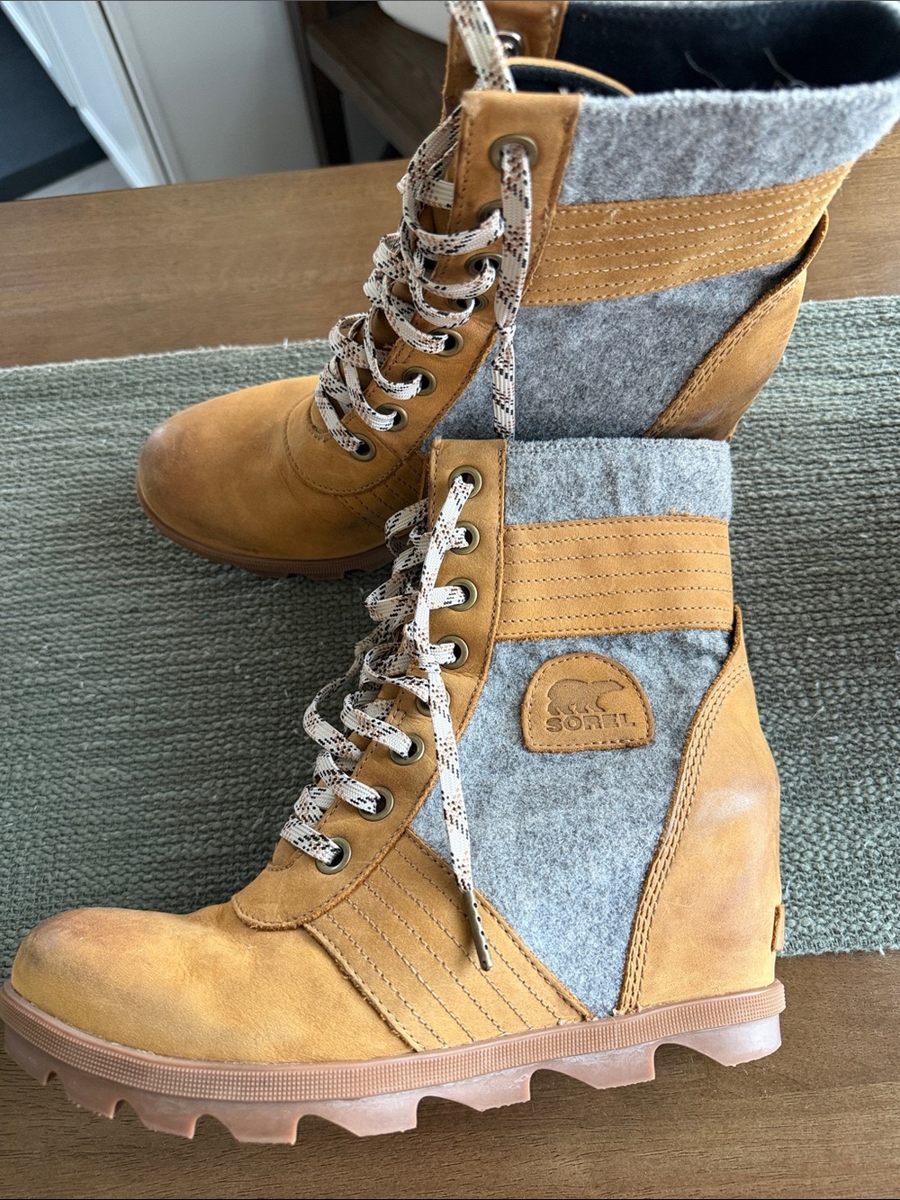 Sorel Tan Leather & Gray Wool-Blend Lace-Up Wedge Boots - Picture 2 of 4